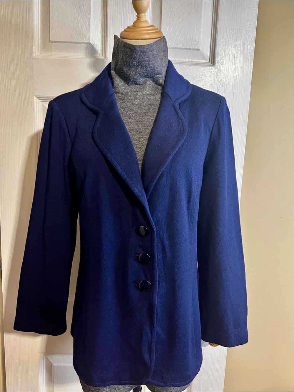 ST John Wms Vtg Navy Blue Wool Knit Portrait Collar Single Breasted Jacket 14